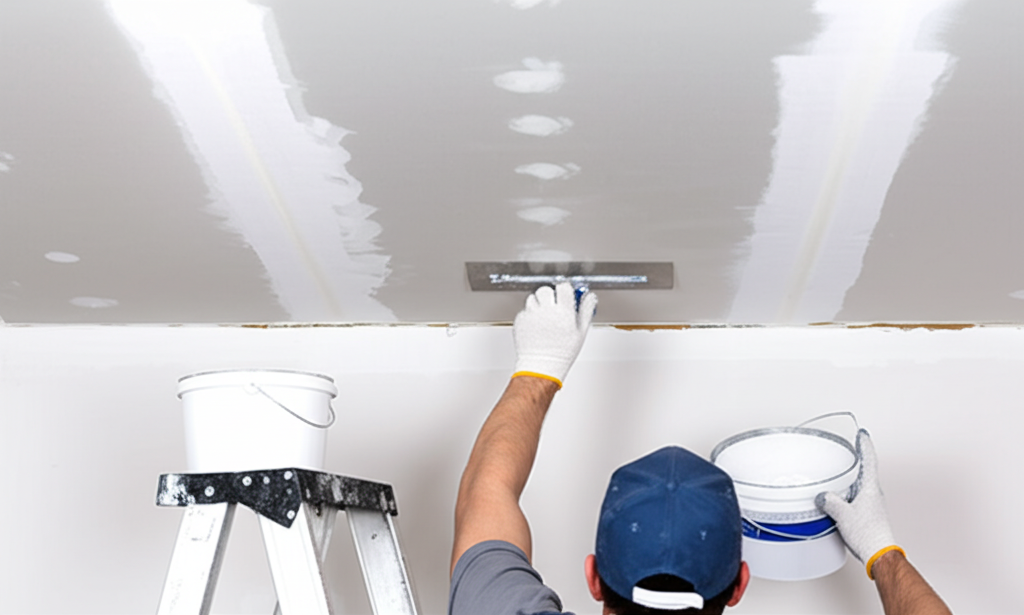 Professional on ladder repairing damaged ceiling
