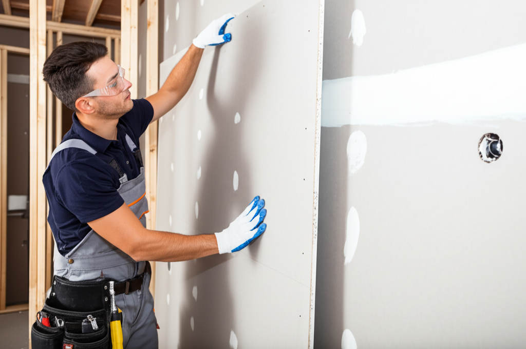 Professional installing drywall