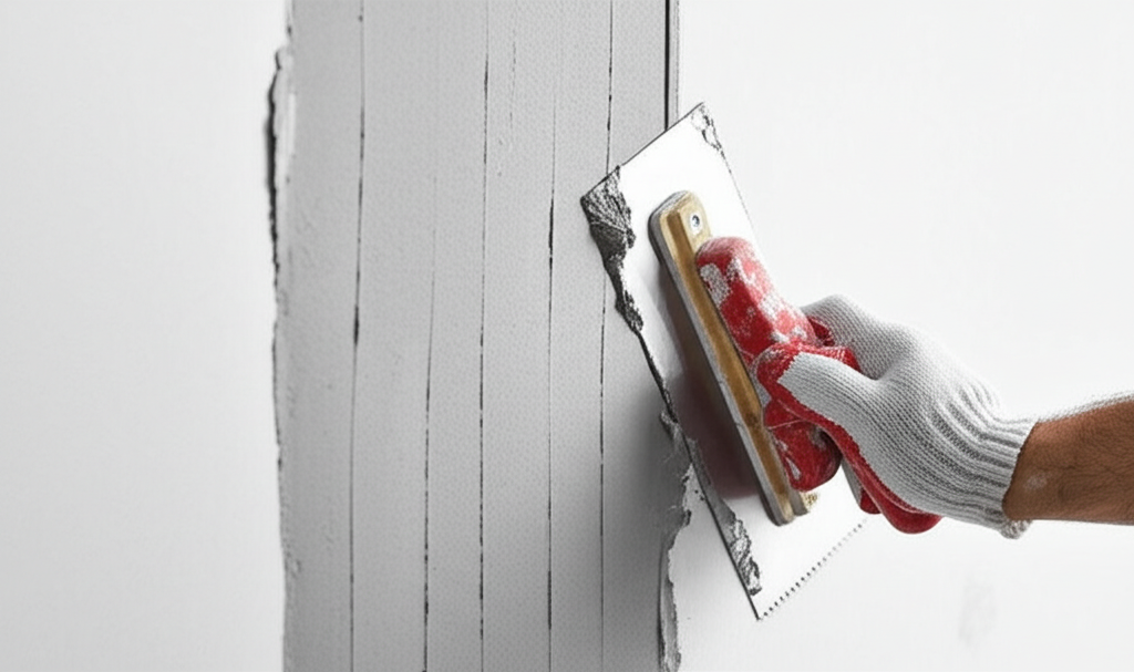 Worker repairing drywall