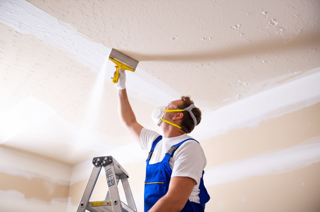 Worker carefully removing popcorn ceiling texture