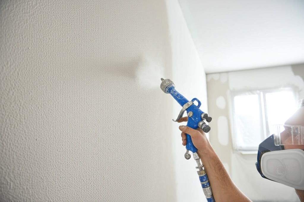 Worker applying texture to wall with spray equipment
